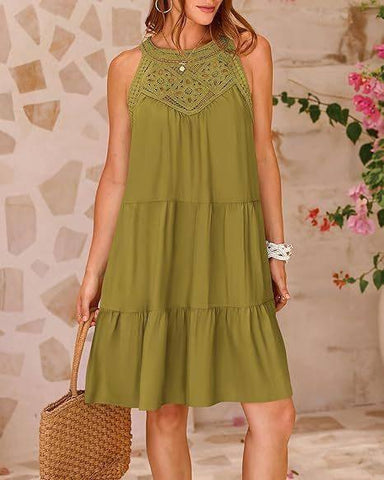 Summer Halterneck A-line Dress With Flower Hollow Lace-Olive-4