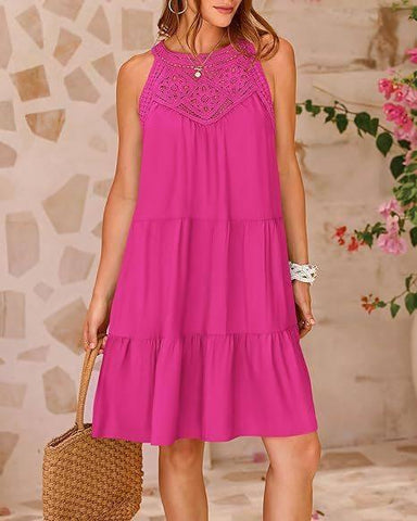 Summer Halterneck A-line Dress With Flower Hollow Lace-Rose Red-5