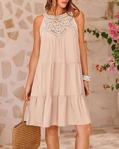 Summer Halterneck A-line Dress With Flower Hollow Lace-Apricot-6