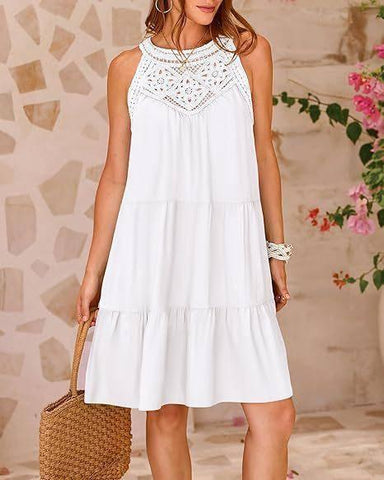Summer Halterneck A-line Dress With Flower Hollow Lace-White-7