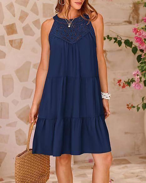Summer Halterneck A-line Dress With Flower Hollow Lace-Navy Blue-8