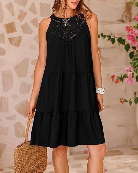 Summer Halterneck A-line Dress With Flower Hollow Lace-Black-9