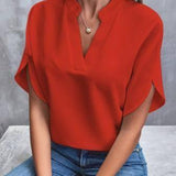 Chic Yellow Blouse - Trendy V-Neck Top-Red-7