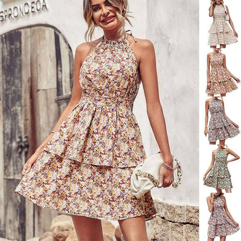 Summer Printed Halter Dress Fashion Boho Backless Ruffled-1
