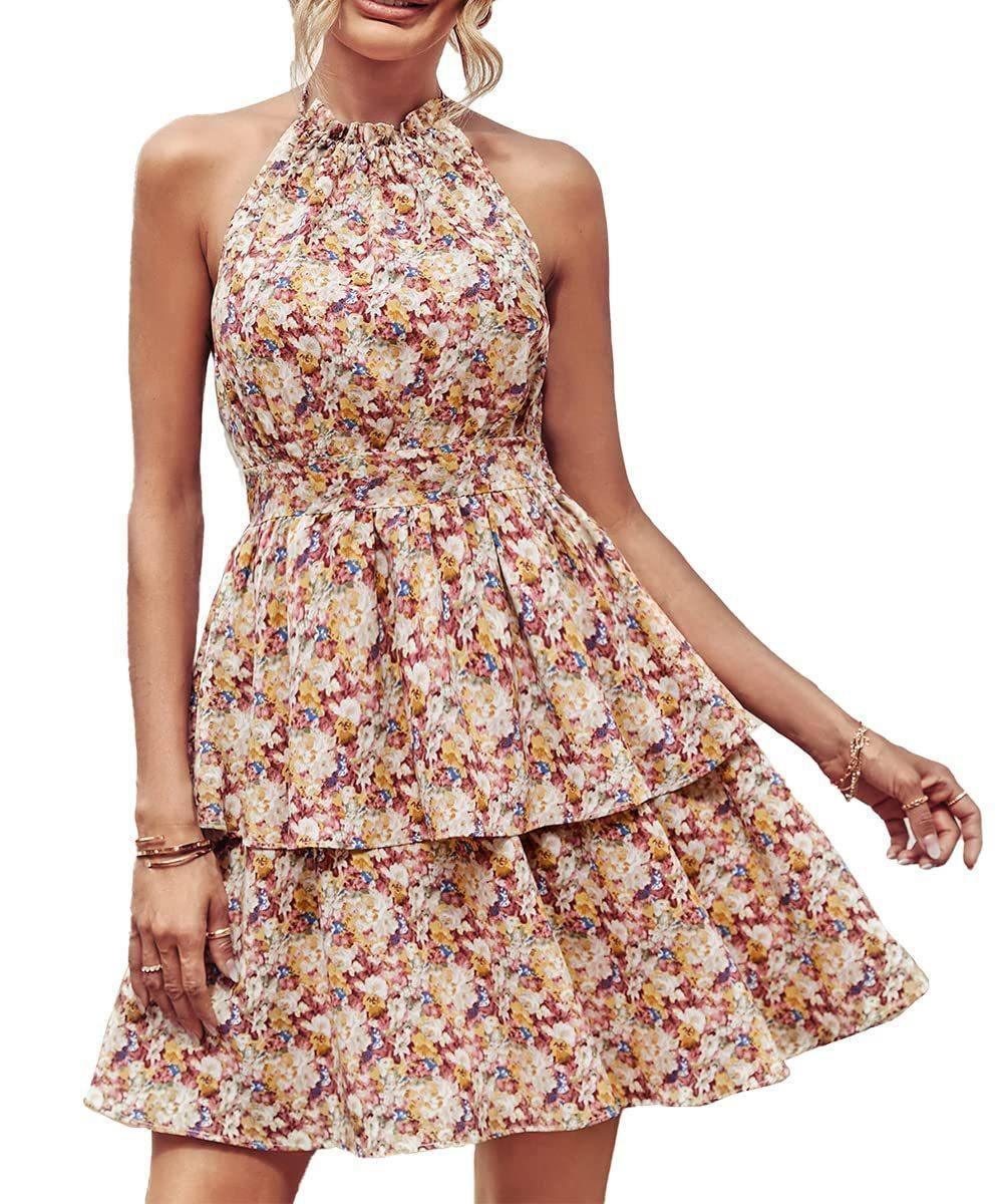 Summer Printed Halter Dress Fashion Boho Backless Ruffled-Apricot-8