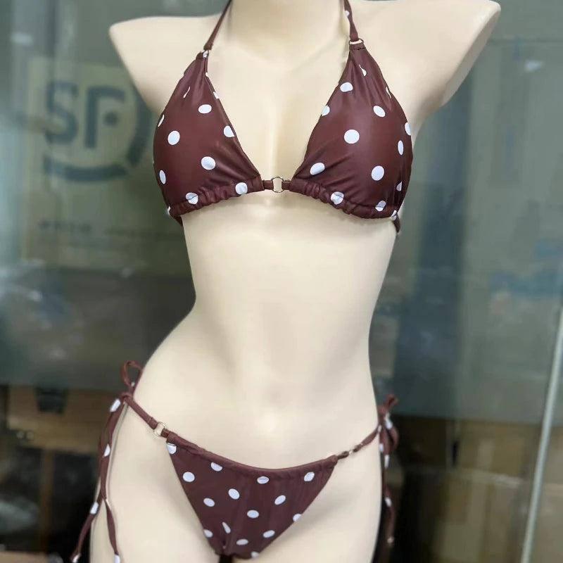 Summer Solid Mirco Bikini Sets Women Tie Side G-String-Brown Dot-12