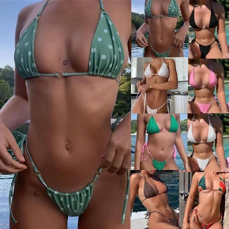 Summer Sexy Solid Mirco Bikini Sets Women Tie Side G-String-2