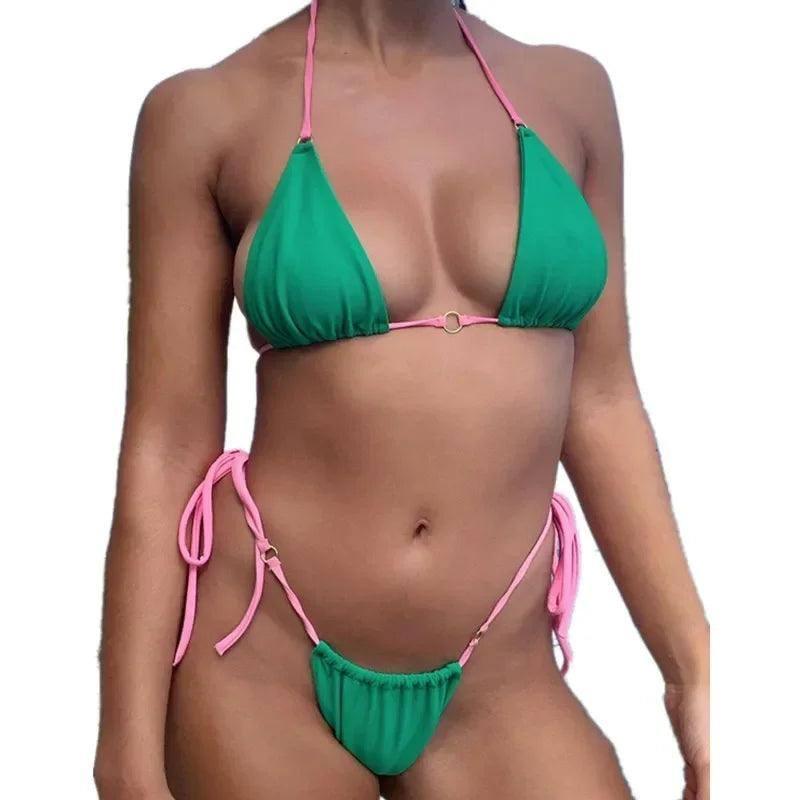 Summer Sexy Solid Mirco Bikini Sets Women Tie Side G-String-7