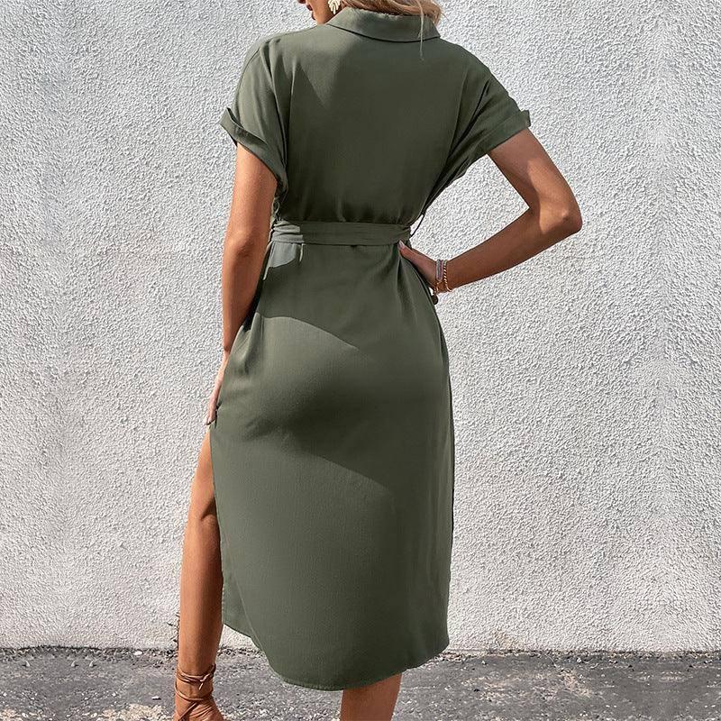 Summer Short Sleeve Long Dress With Button Pocket Design-3