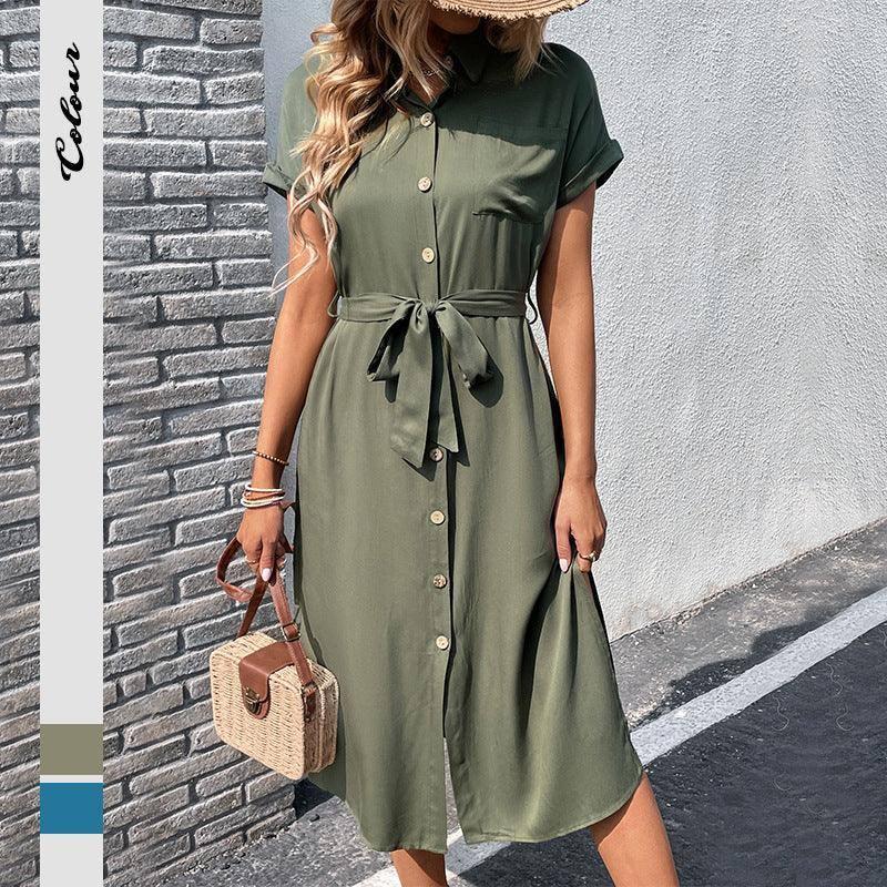 Summer Short Sleeve Long Dress With Button Pocket Design-5