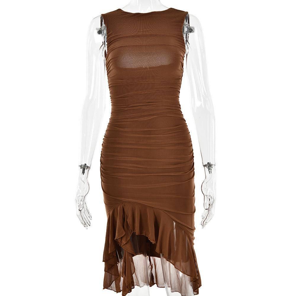 Summer Slim Skinny Sleeveless Dress For Women Fashion Party-Brown-14