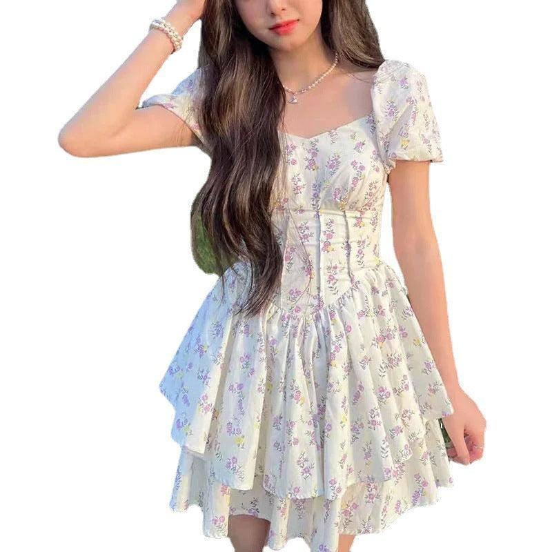 Summer Soft Bubble Sleeve Princess Fragmented Flower Dress-5
