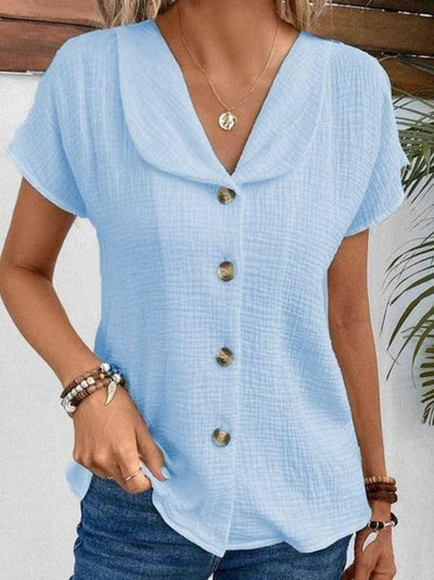 Summer Solid Color Fashion Short-sleeved Cardigan Button-Light Blue-8