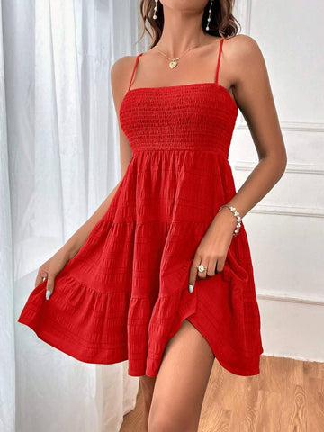 Summer Square-collar Suspender Pleated Dress Fashion Solid-Red-6