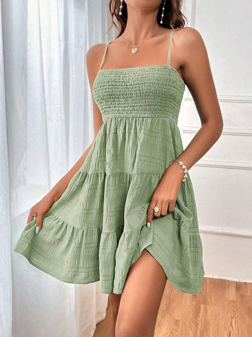 Summer Square-collar Suspender Pleated Dress Fashion Solid-Light Green-8