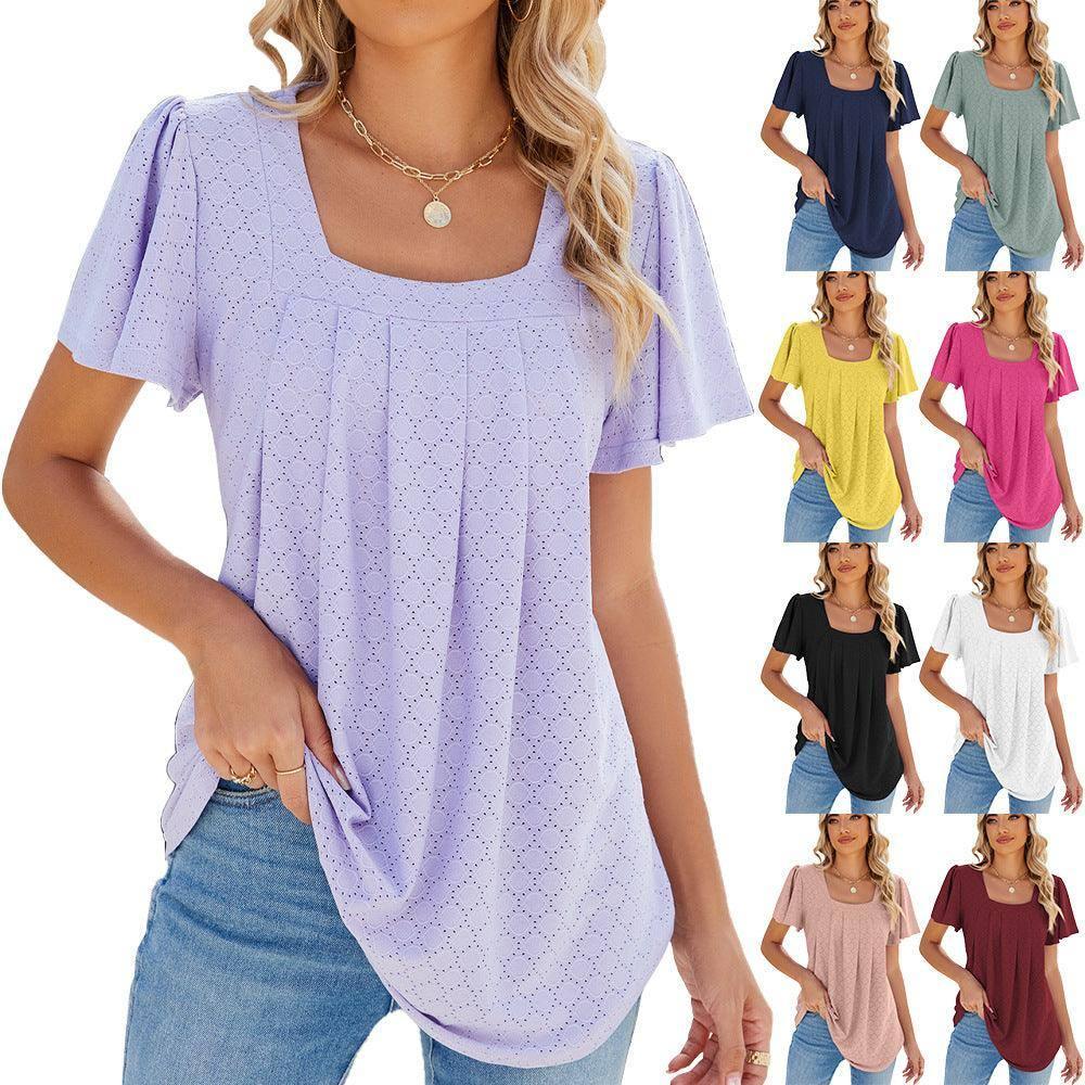 Summer Square Neck Pleated Short-sleeved T-shirt Loose Solid-1