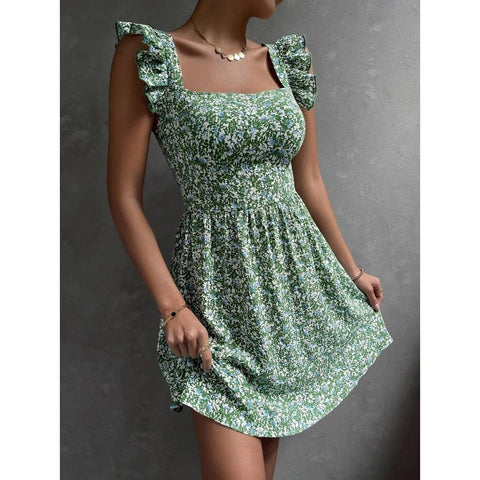 Summer Square-neck Ruffled Sleeveless Dress With Bow-tie-Green-3