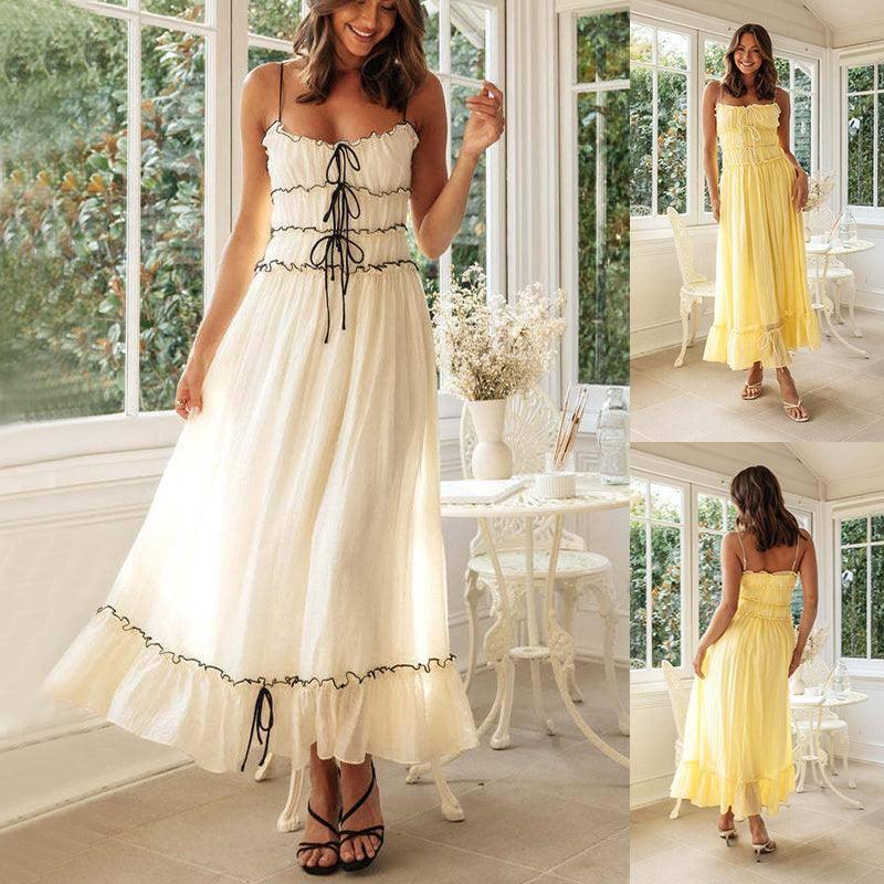 Summer Suspender Spaghetti Strap Long Dresses With Bow Pleat-1