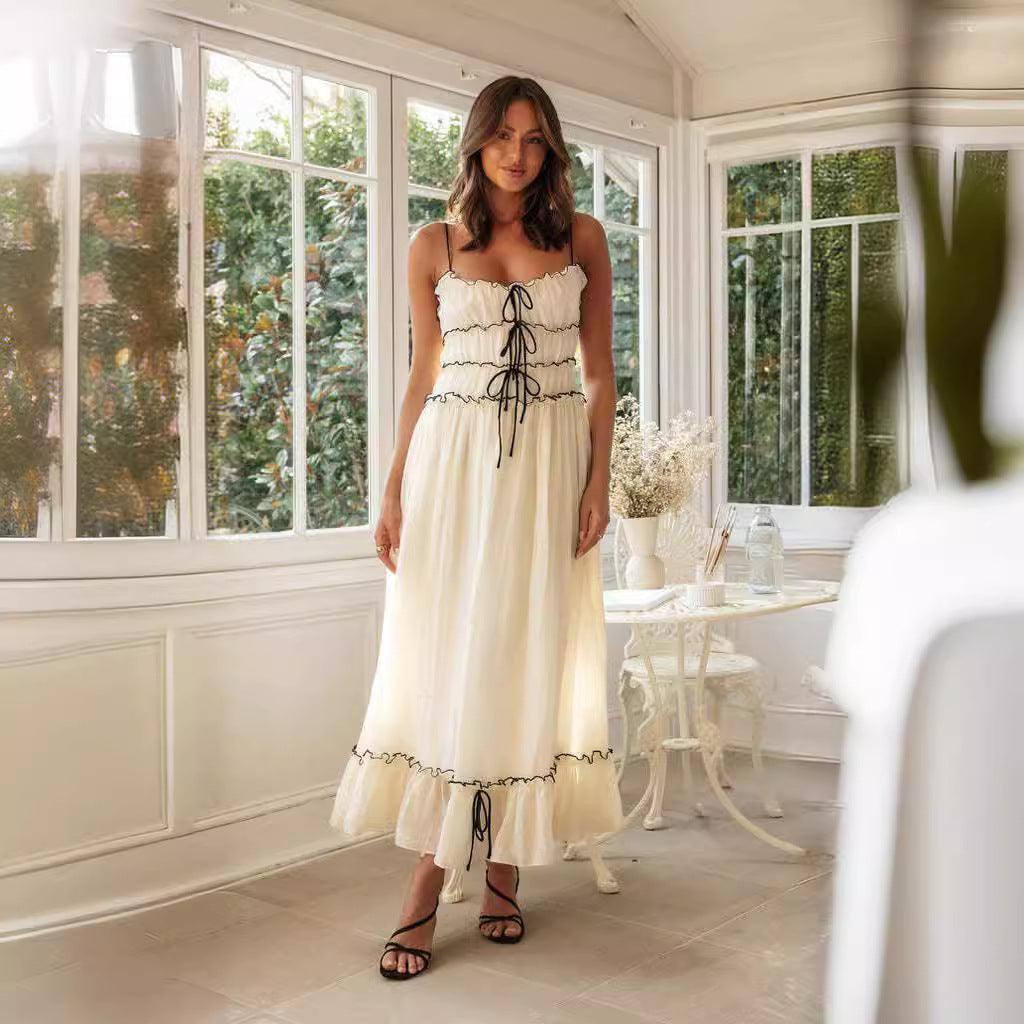 Summer Suspender Spaghetti Strap Long Dresses With Bow Pleat-White-5