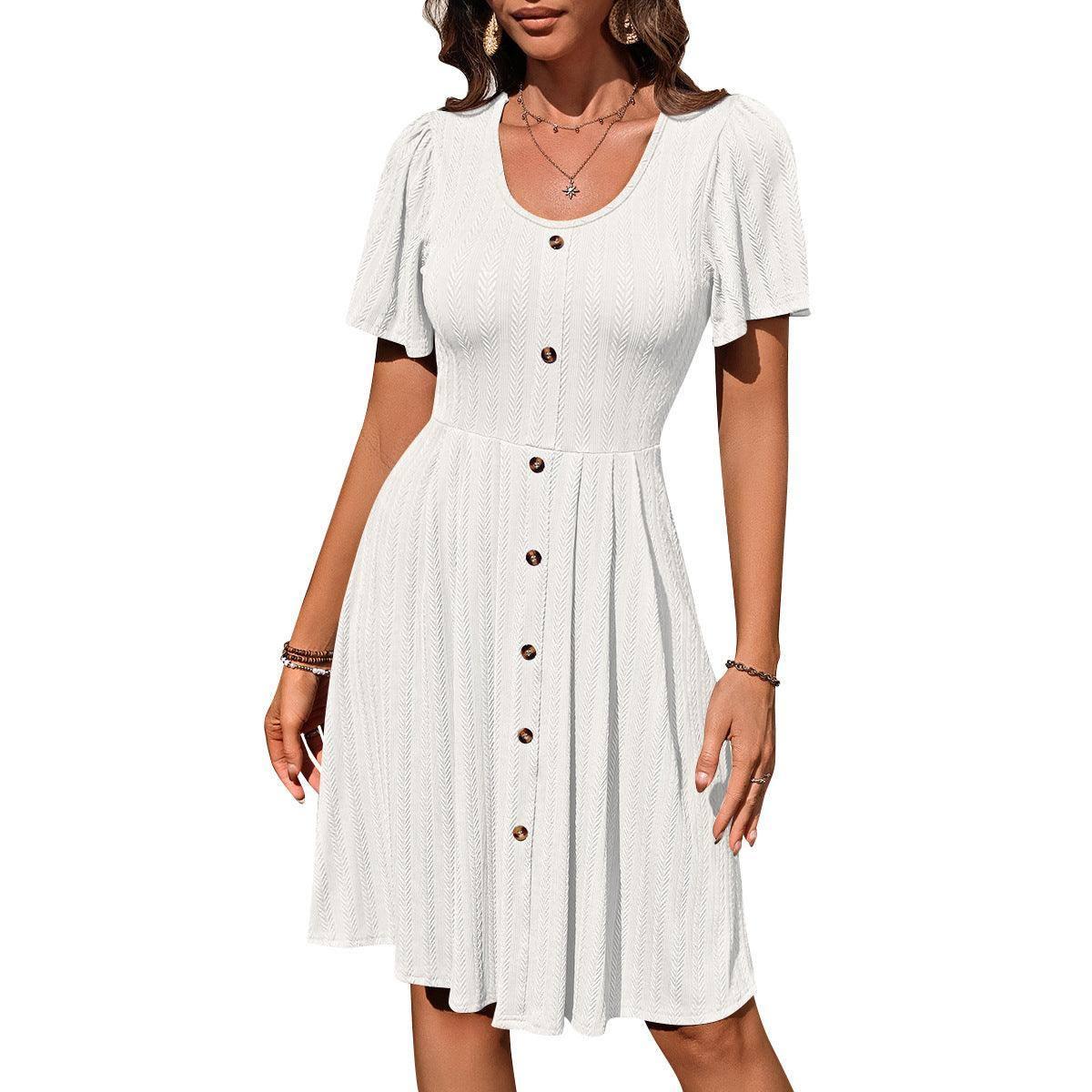 Summer U-neck Short-sleeved Dress With Button Design Fashion-White-2