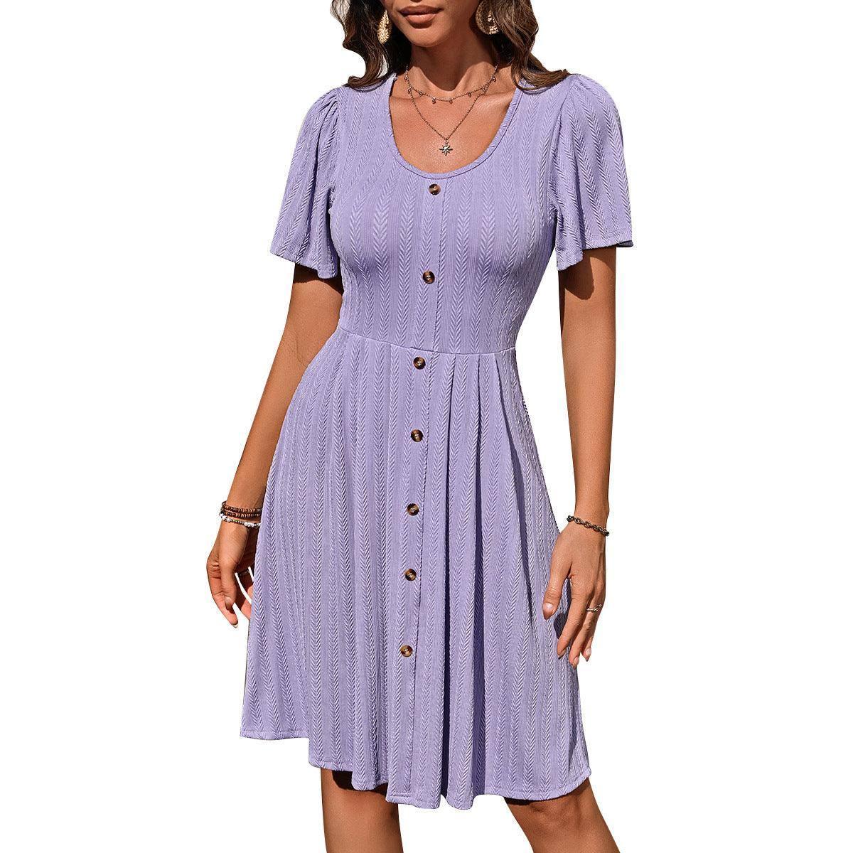 Summer U-neck Short-sleeved Dress With Button Design Fashion-Purple-3