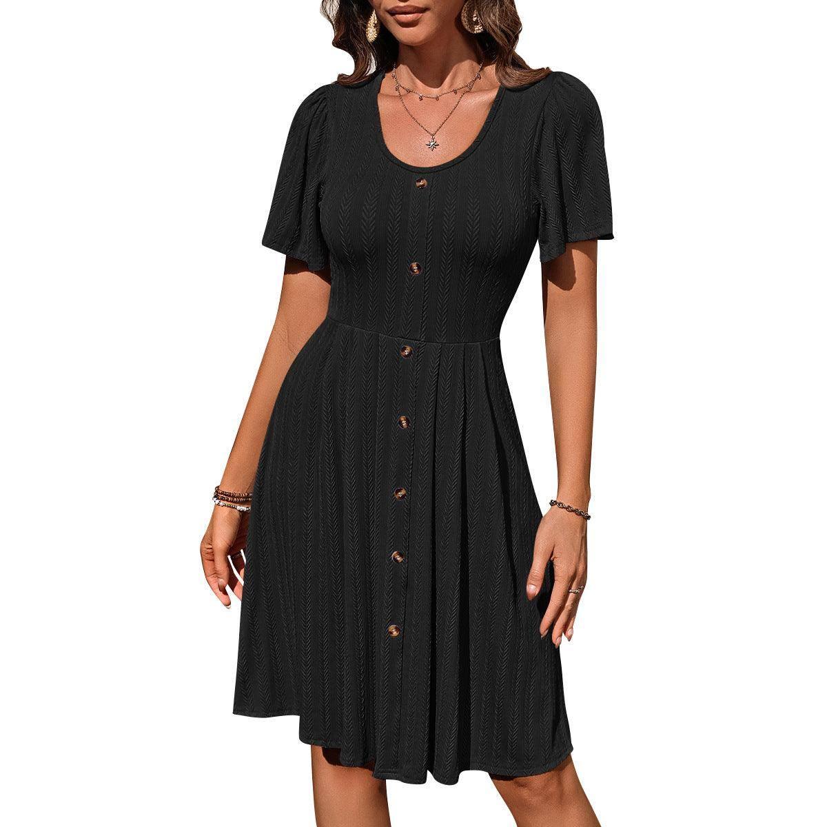 Summer U-neck Short-sleeved Dress With Button Design Fashion-Black-5