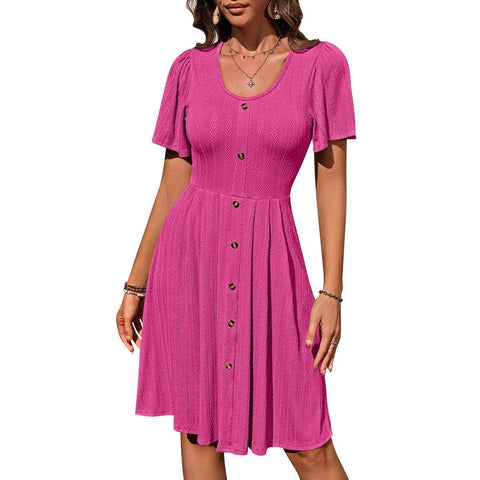Summer U-neck Short-sleeved Dress With Button Design Fashion-Rose Red-6