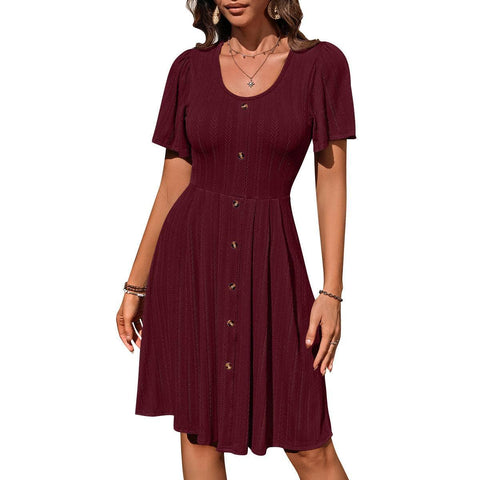 Summer U-neck Short-sleeved Dress With Button Design Fashion-Wine Red-7