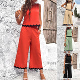 Summer Wave Print Suit Sleeveless Top And Straight Trousers-1