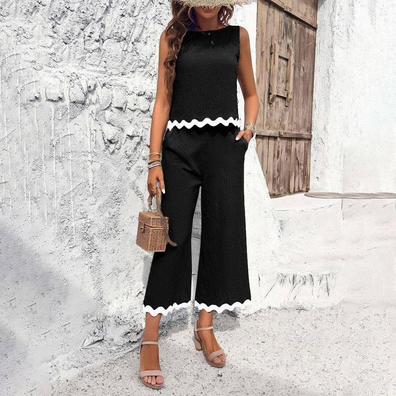 Summer Wave Print Suit Sleeveless Top And Straight Trousers-Black-2