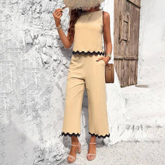 Summer Wave Print Suit Sleeveless Top And Straight Trousers-Apricot-3