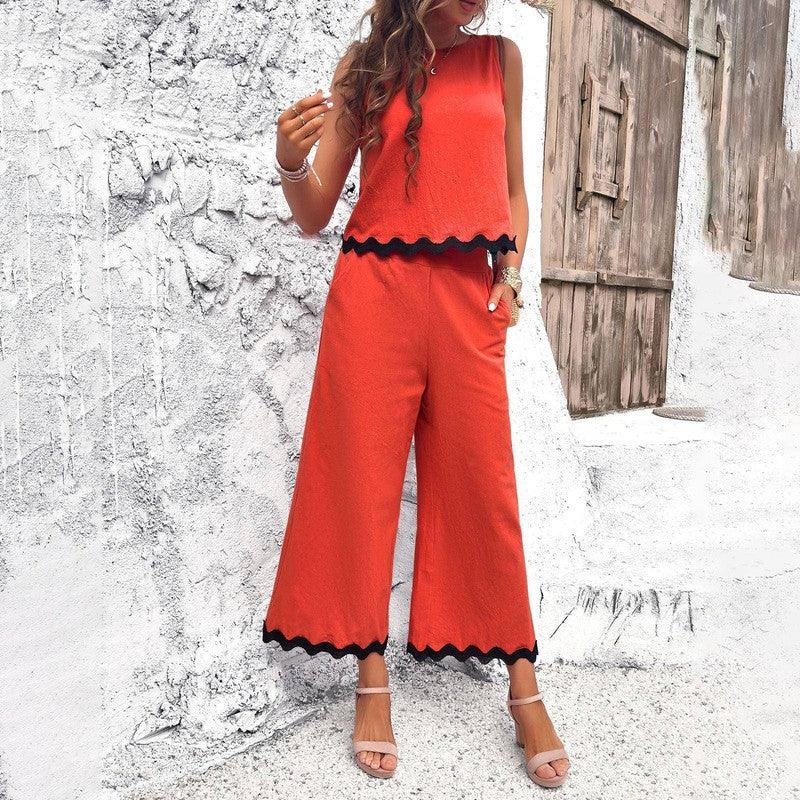 Summer Wave Print Suit Sleeveless Top And Straight Trousers-Orange-5