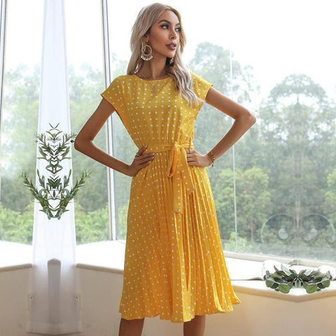 Summer Women Polka Dot Short Sleeve Dress Casual Bandage-Yellow-7