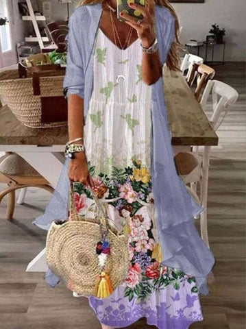 Summer Women's Print Holiday Suspender Dress Two-piece Set-Sky Blue-13