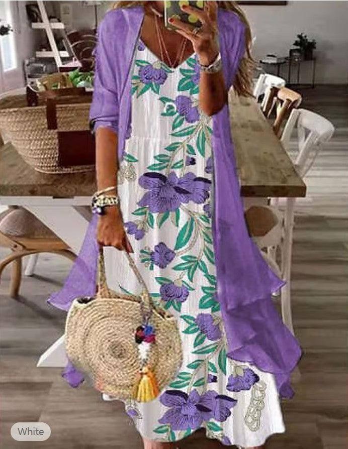 Summer Women's Print Holiday Suspender Dress Two-piece Set-Purple-14