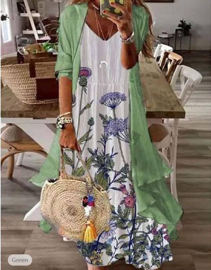 Summer Women's Print Holiday Suspender Dress Two-piece Set-Light Green-4