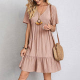 Summer Womens Short Sleeve Mini Dress Ladies Pleated Ruffle-Pink-5