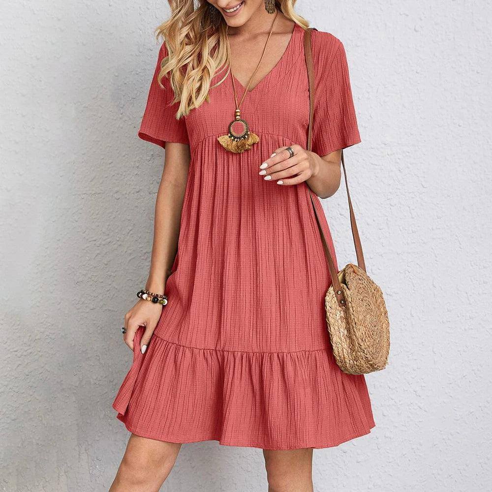 Summer Womens Short Sleeve Mini Dress Ladies Pleated Ruffle-Red-8
