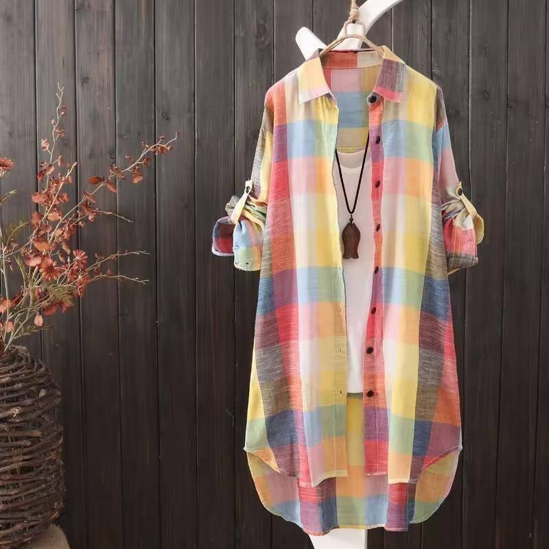 Sunscreen shirt women's medium length plaid shirt women's-8