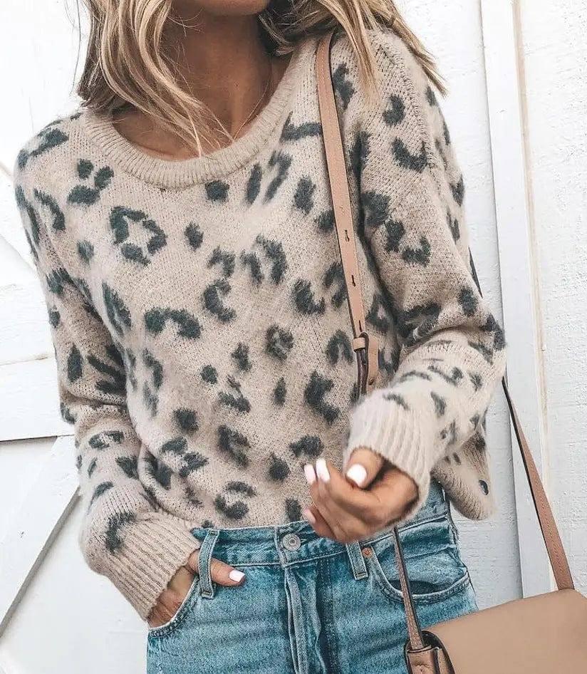 Sweater Sweater Knit Sweater Leopard Print Sweater Women-Khaki-1
