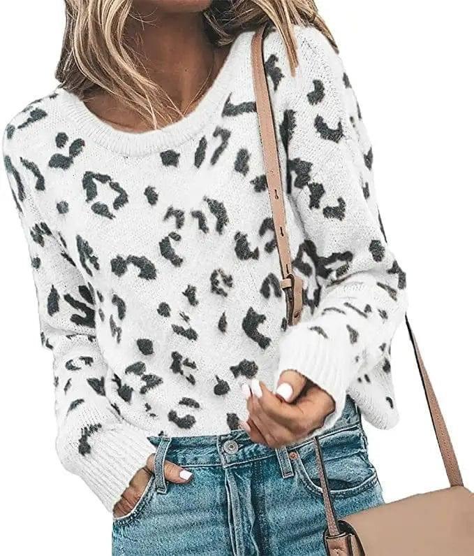 Sweater Sweater Knit Sweater Leopard Print Sweater Women-White-2