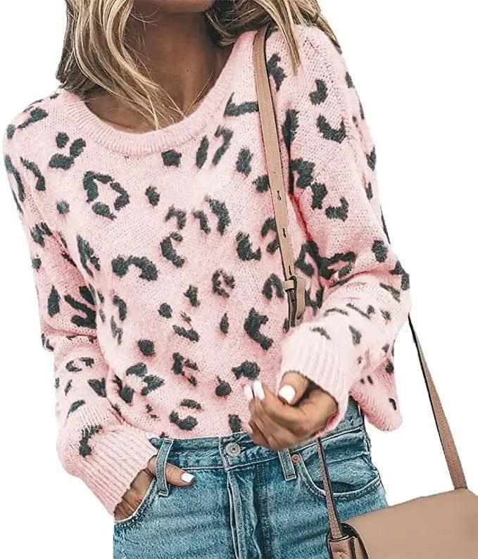 Sweater Sweater Knit Sweater Leopard Print Sweater Women-Pink-3
