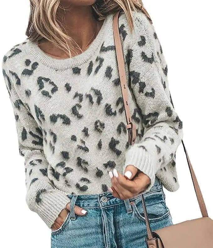 Sweater Sweater Knit Sweater Leopard Print Sweater Women-Grey-4