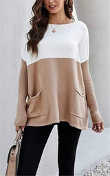 LOVEMI Sweaters Apricot / S Lovemi -  Loose Knit Long Sleeve Sweater Color Blocking Pocket