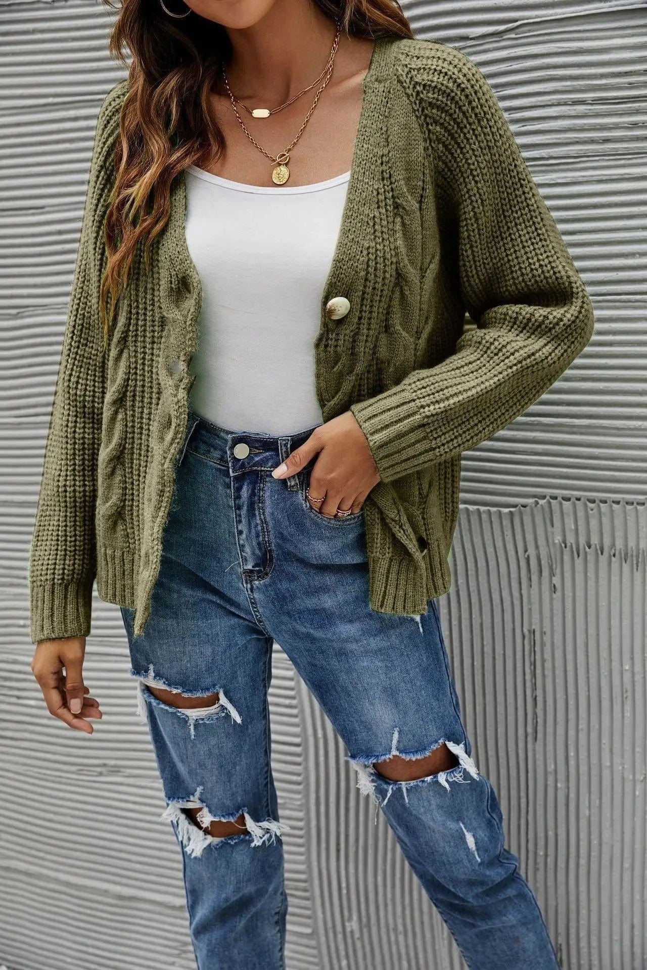 LOVEMI Sweaters Army Green / S Lovemi -  Large-size Knitted Jacket With Button Twist Decoration