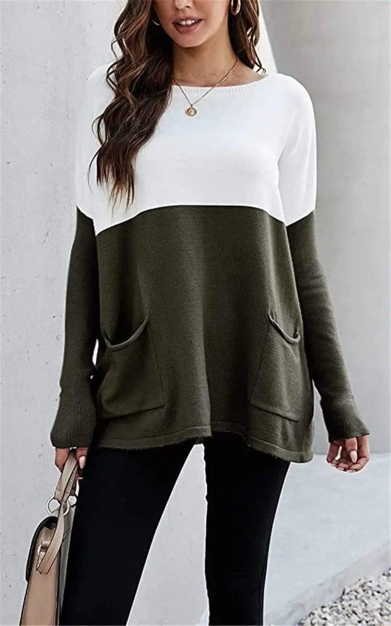 LOVEMI Sweaters Army Green / S Lovemi -  Loose Knit Long Sleeve Sweater Color Blocking Pocket