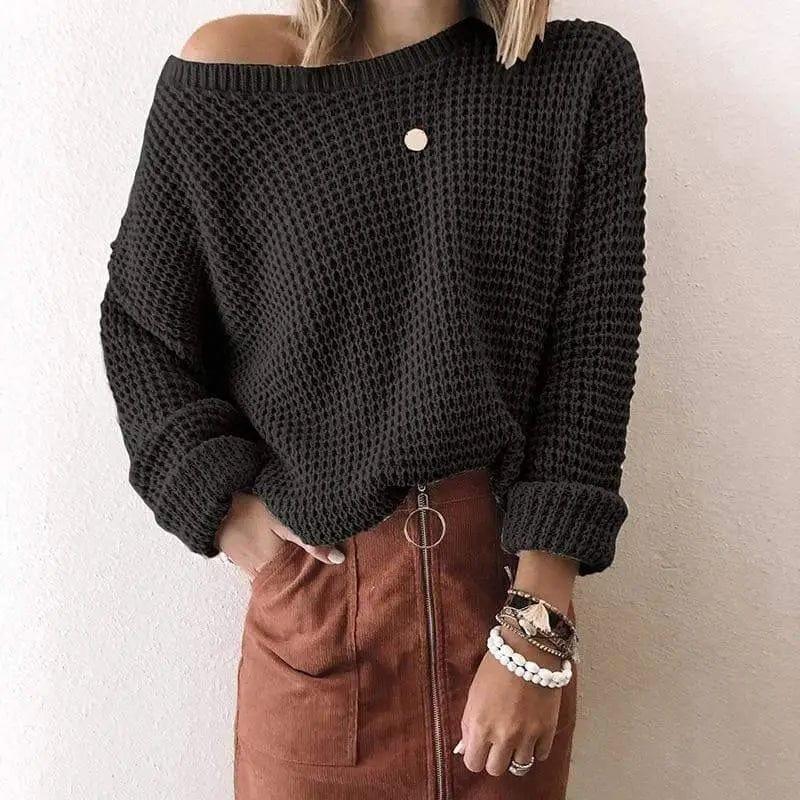 LOVEMI - Solid Color Loose Slant Collar Short Top Long Sleeve Knitted
