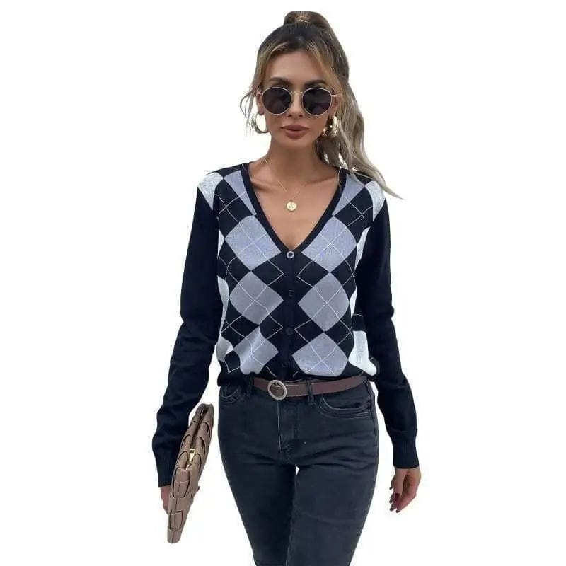 LOVEMI Sweaters Black / L Lovemi -  Long Sleeve Check V-Neck Cardigan Knitted Sweater Jacket
