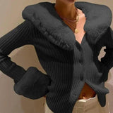 LOVEMI Sweaters Black / M Lovemi -  Temperament Furry Collar And Furry Cuff Knitted Cardigan