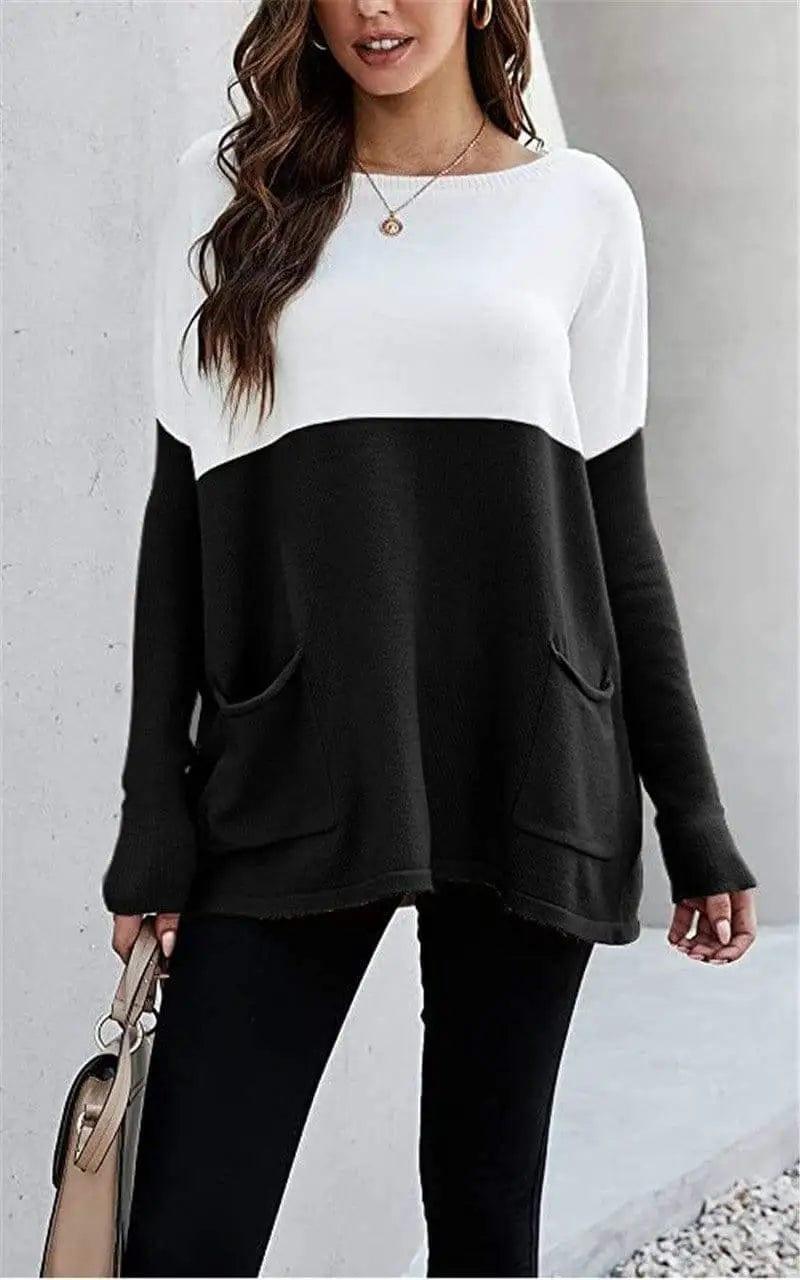 LOVEMI Sweaters Black / S Lovemi -  Loose Knit Long Sleeve Sweater Color Blocking Pocket